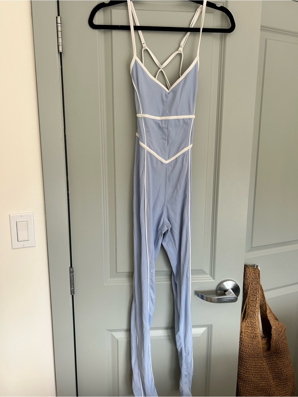 Light Blue Strappy Jumpsuit with White Piping